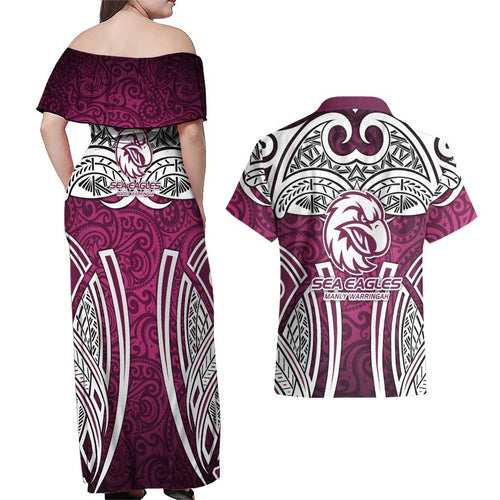Manly Warringah Sea Eagles Rugby Couples Matching Off Shoulder Maxi Dress and Hawaiian Shirt Polynesian Tribal Eagle Warrior Maroon Pattern