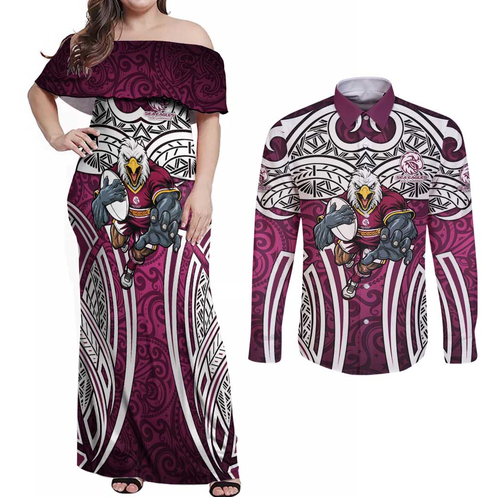 Manly Warringah Sea Eagles Rugby Couples Matching Off Shoulder Maxi Dress and Long Sleeve Button Shirt Polynesian Tribal Eagle Warrior Maroon Pattern
