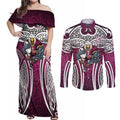 Manly Warringah Sea Eagles Rugby Couples Matching Off Shoulder Maxi Dress and Long Sleeve Button Shirt Polynesian Tribal Eagle Warrior Maroon Pattern
