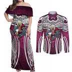 Manly Warringah Sea Eagles Rugby Couples Matching Off Shoulder Maxi Dress and Long Sleeve Button Shirt Polynesian Tribal Eagle Warrior Maroon Pattern