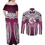 Manly Warringah Sea Eagles Rugby Couples Matching Off Shoulder Maxi Dress and Long Sleeve Button Shirt Polynesian Tribal Eagle Warrior Maroon Pattern