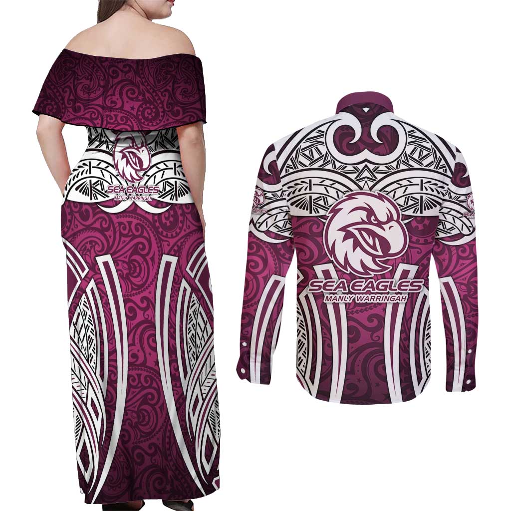 Manly Warringah Sea Eagles Rugby Couples Matching Off Shoulder Maxi Dress and Long Sleeve Button Shirt Polynesian Tribal Eagle Warrior Maroon Pattern