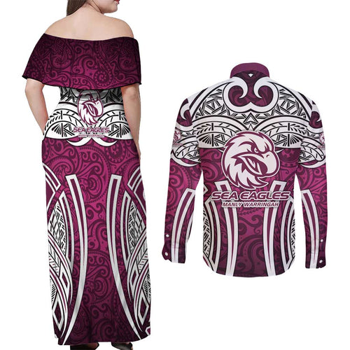 Manly Warringah Sea Eagles Rugby Couples Matching Off Shoulder Maxi Dress and Long Sleeve Button Shirt Polynesian Tribal Eagle Warrior Maroon Pattern