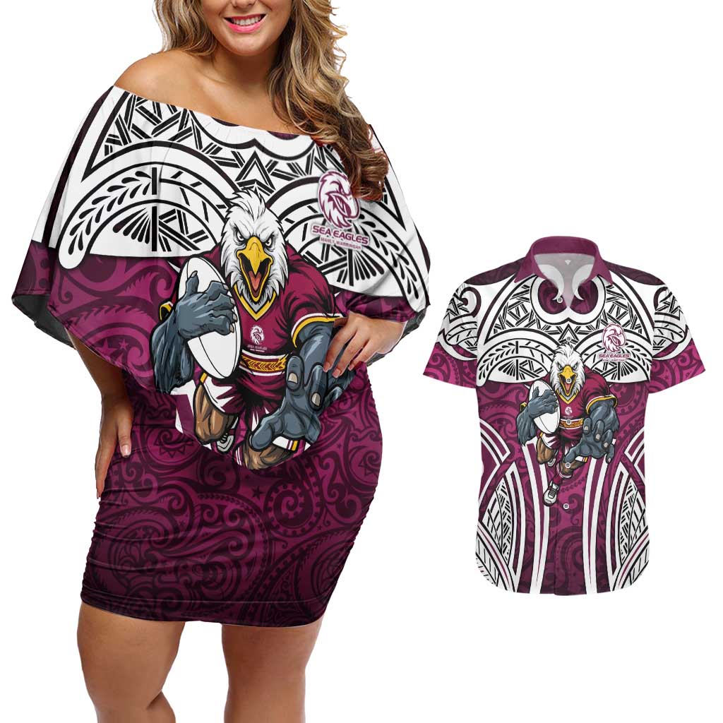 Manly Warringah Sea Eagles Rugby Couples Matching Off Shoulder Short Dress and Hawaiian Shirt Polynesian Tribal Eagle Warrior Maroon Pattern