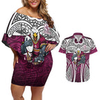 Manly Warringah Sea Eagles Rugby Couples Matching Off Shoulder Short Dress and Hawaiian Shirt Polynesian Tribal Eagle Warrior Maroon Pattern