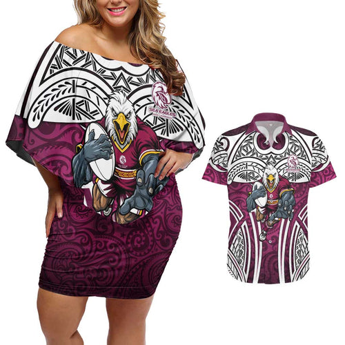 Manly Warringah Sea Eagles Rugby Couples Matching Off Shoulder Short Dress and Hawaiian Shirt Polynesian Tribal Eagle Warrior Maroon Pattern