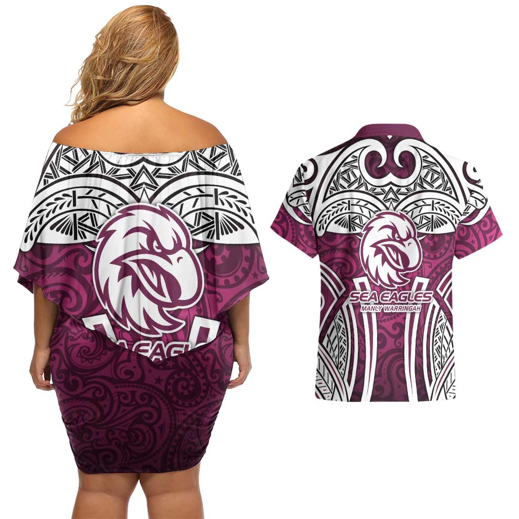 Manly Warringah Sea Eagles Rugby Couples Matching Off Shoulder Short Dress and Hawaiian Shirt Polynesian Tribal Eagle Warrior Maroon Pattern
