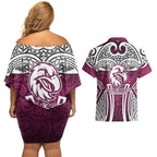 Manly Warringah Sea Eagles Rugby Couples Matching Off Shoulder Short Dress and Hawaiian Shirt Polynesian Tribal Eagle Warrior Maroon Pattern
