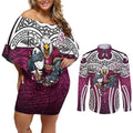 Manly Warringah Sea Eagles Rugby Couples Matching Off Shoulder Short Dress and Long Sleeve Button Shirt Polynesian Tribal Eagle Warrior Maroon Pattern