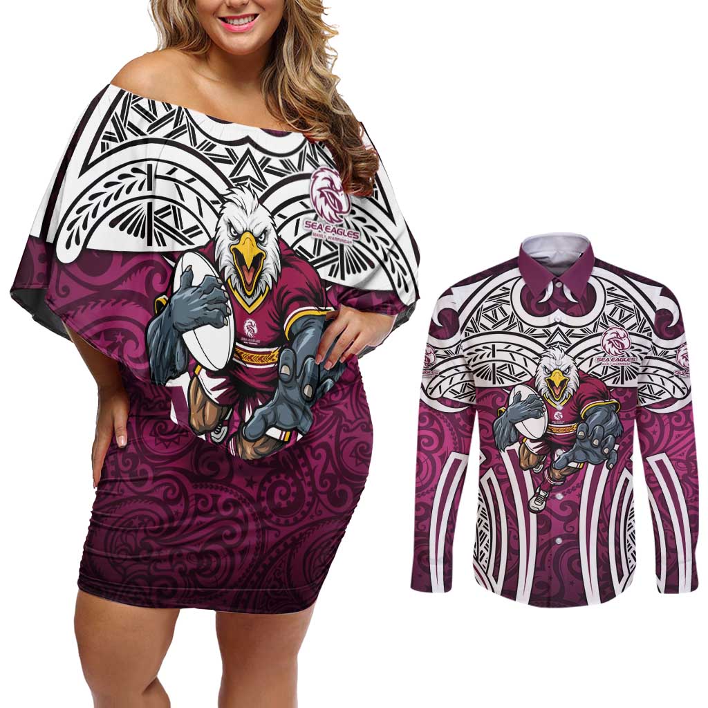 Manly Warringah Sea Eagles Rugby Couples Matching Off Shoulder Short Dress and Long Sleeve Button Shirt Polynesian Tribal Eagle Warrior Maroon Pattern