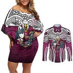 Manly Warringah Sea Eagles Rugby Couples Matching Off Shoulder Short Dress and Long Sleeve Button Shirt Polynesian Tribal Eagle Warrior Maroon Pattern