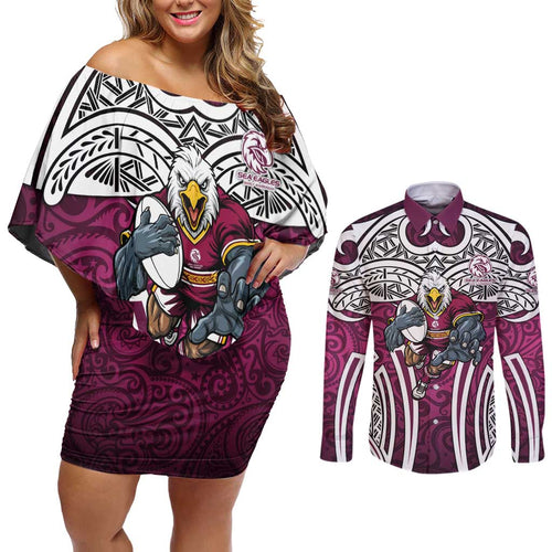 Manly Warringah Sea Eagles Rugby Couples Matching Off Shoulder Short Dress and Long Sleeve Button Shirt Polynesian Tribal Eagle Warrior Maroon Pattern