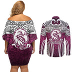 Manly Warringah Sea Eagles Rugby Couples Matching Off Shoulder Short Dress and Long Sleeve Button Shirt Polynesian Tribal Eagle Warrior Maroon Pattern