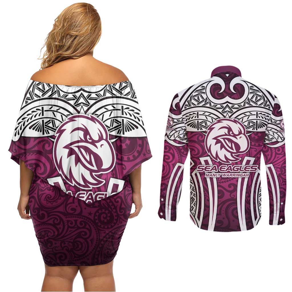 Manly Warringah Sea Eagles Rugby Couples Matching Off Shoulder Short Dress and Long Sleeve Button Shirt Polynesian Tribal Eagle Warrior Maroon Pattern