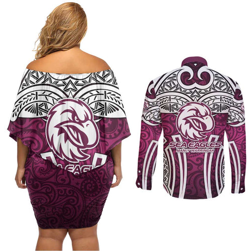 Manly Warringah Sea Eagles Rugby Couples Matching Off Shoulder Short Dress and Long Sleeve Button Shirt Polynesian Tribal Eagle Warrior Maroon Pattern