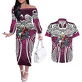 Manly Warringah Sea Eagles Rugby Couples Matching Off The Shoulder Long Sleeve Dress and Hawaiian Shirt Polynesian Tribal Eagle Warrior Maroon Pattern