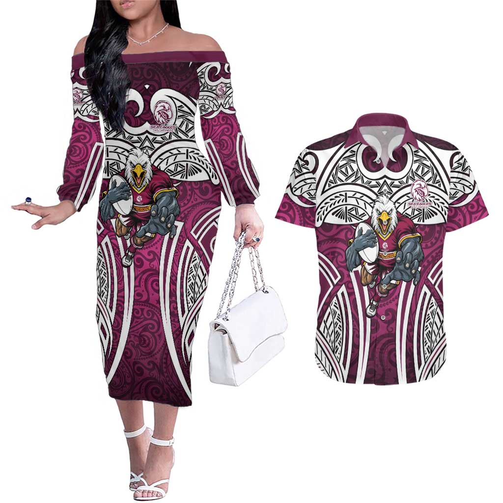 Manly Warringah Sea Eagles Rugby Couples Matching Off The Shoulder Long Sleeve Dress and Hawaiian Shirt Polynesian Tribal Eagle Warrior Maroon Pattern