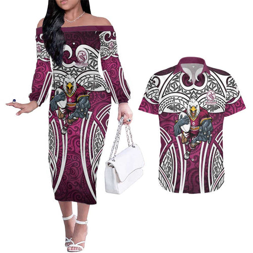 Manly Warringah Sea Eagles Rugby Couples Matching Off The Shoulder Long Sleeve Dress and Hawaiian Shirt Polynesian Tribal Eagle Warrior Maroon Pattern