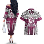 Manly Warringah Sea Eagles Rugby Couples Matching Off The Shoulder Long Sleeve Dress and Hawaiian Shirt Polynesian Tribal Eagle Warrior Maroon Pattern