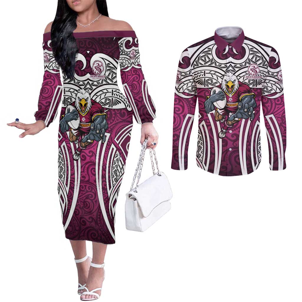 Manly Warringah Sea Eagles Rugby Couples Matching Off The Shoulder Long Sleeve Dress and Long Sleeve Button Shirt Polynesian Tribal Eagle Warrior Maroon Pattern