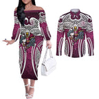 Manly Warringah Sea Eagles Rugby Couples Matching Off The Shoulder Long Sleeve Dress and Long Sleeve Button Shirt Polynesian Tribal Eagle Warrior Maroon Pattern