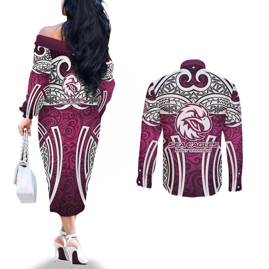 Manly Warringah Sea Eagles Rugby Couples Matching Off The Shoulder Long Sleeve Dress and Long Sleeve Button Shirt Polynesian Tribal Eagle Warrior Maroon Pattern