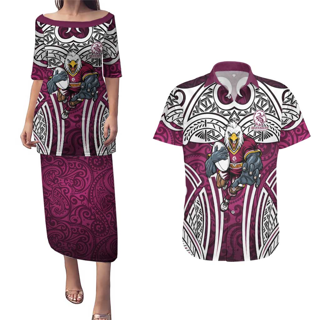 Manly Warringah Sea Eagles Rugby Couples Matching Puletasi and Hawaiian Shirt Polynesian Tribal Eagle Warrior Maroon Pattern