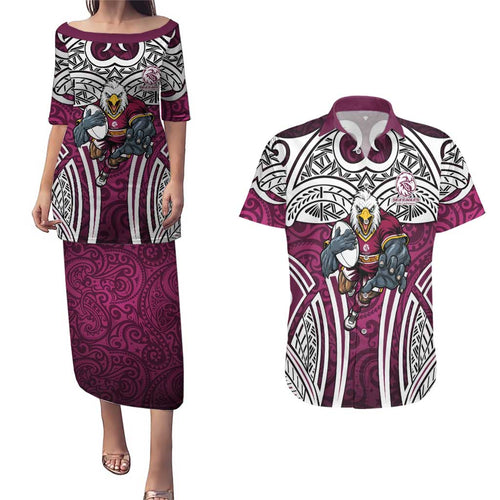 Manly Warringah Sea Eagles Rugby Couples Matching Puletasi and Hawaiian Shirt Polynesian Tribal Eagle Warrior Maroon Pattern