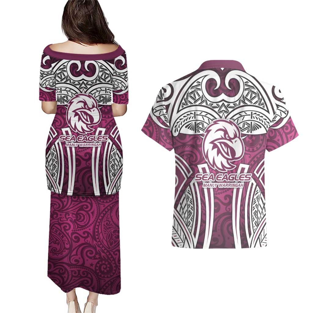 Manly Warringah Sea Eagles Rugby Couples Matching Puletasi and Hawaiian Shirt Polynesian Tribal Eagle Warrior Maroon Pattern