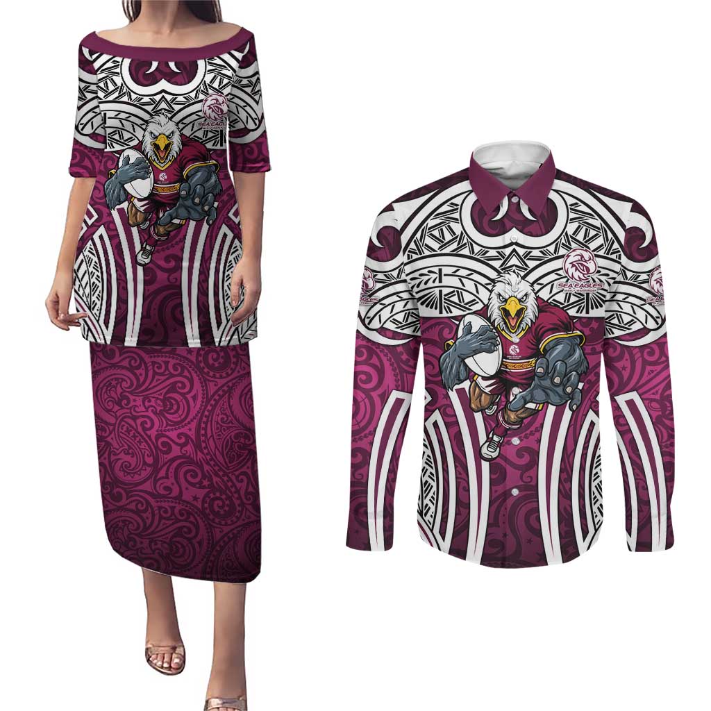Manly Warringah Sea Eagles Rugby Couples Matching Puletasi and Long Sleeve Button Shirt Polynesian Tribal Eagle Warrior Maroon Pattern