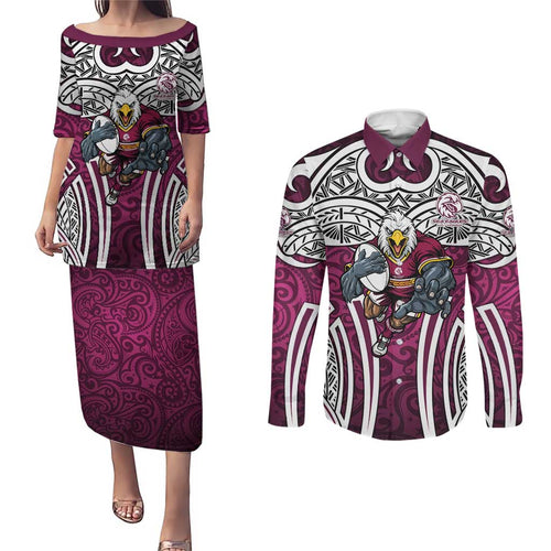 Manly Warringah Sea Eagles Rugby Couples Matching Puletasi and Long Sleeve Button Shirt Polynesian Tribal Eagle Warrior Maroon Pattern