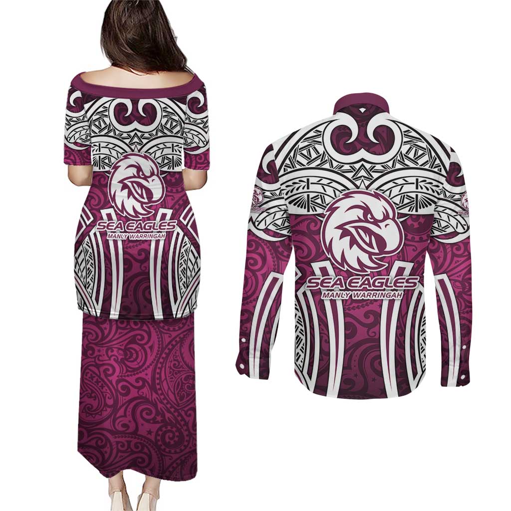 Manly Warringah Sea Eagles Rugby Couples Matching Puletasi and Long Sleeve Button Shirt Polynesian Tribal Eagle Warrior Maroon Pattern
