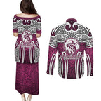 Manly Warringah Sea Eagles Rugby Couples Matching Puletasi and Long Sleeve Button Shirt Polynesian Tribal Eagle Warrior Maroon Pattern