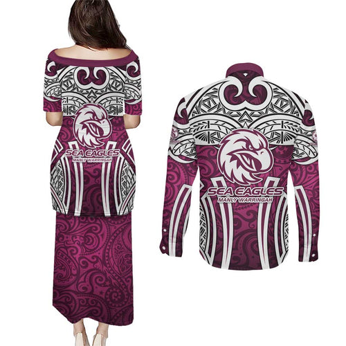 Manly Warringah Sea Eagles Rugby Couples Matching Puletasi and Long Sleeve Button Shirt Polynesian Tribal Eagle Warrior Maroon Pattern