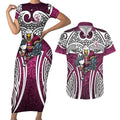 Manly Warringah Sea Eagles Rugby Couples Matching Short Sleeve Bodycon Dress and Hawaiian Shirt Polynesian Tribal Eagle Warrior Maroon Pattern