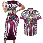 Manly Warringah Sea Eagles Rugby Couples Matching Short Sleeve Bodycon Dress and Hawaiian Shirt Polynesian Tribal Eagle Warrior Maroon Pattern