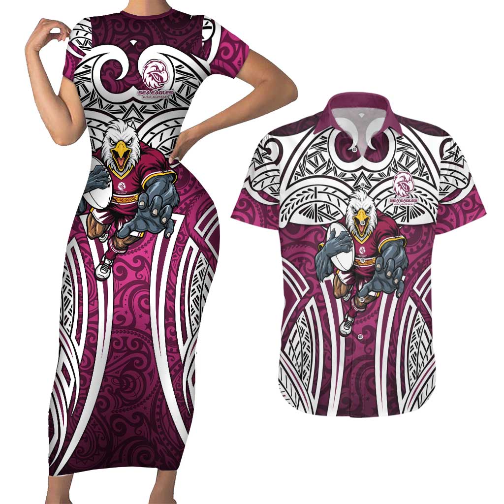 Manly Warringah Sea Eagles Rugby Couples Matching Short Sleeve Bodycon Dress and Hawaiian Shirt Polynesian Tribal Eagle Warrior Maroon Pattern