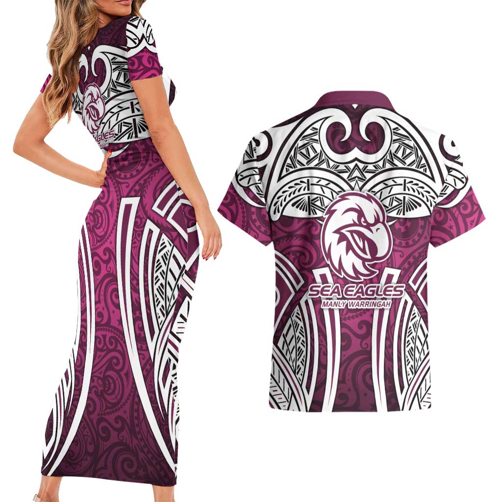 Manly Warringah Sea Eagles Rugby Couples Matching Short Sleeve Bodycon Dress and Hawaiian Shirt Polynesian Tribal Eagle Warrior Maroon Pattern