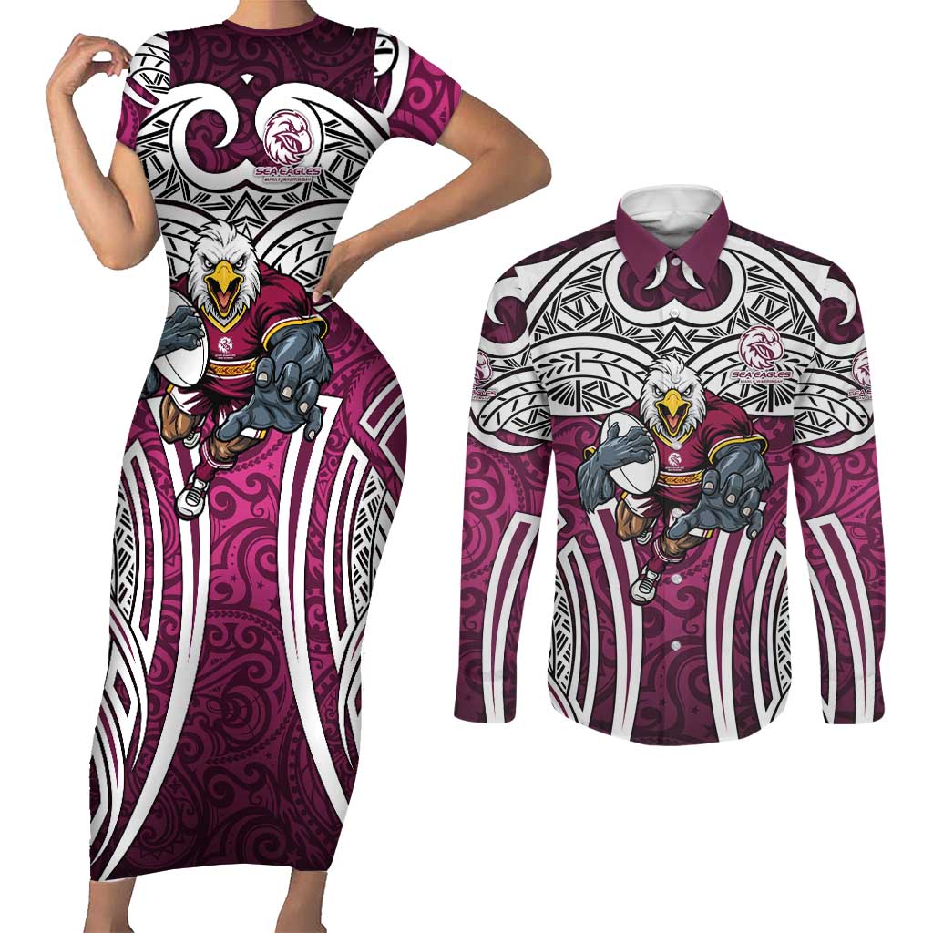 Manly Warringah Sea Eagles Rugby Couples Matching Short Sleeve Bodycon Dress and Long Sleeve Button Shirt Polynesian Tribal Eagle Warrior Maroon Pattern