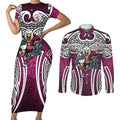 Manly Warringah Sea Eagles Rugby Couples Matching Short Sleeve Bodycon Dress and Long Sleeve Button Shirt Polynesian Tribal Eagle Warrior Maroon Pattern