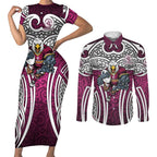 Manly Warringah Sea Eagles Rugby Couples Matching Short Sleeve Bodycon Dress and Long Sleeve Button Shirt Polynesian Tribal Eagle Warrior Maroon Pattern