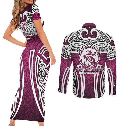 Manly Warringah Sea Eagles Rugby Couples Matching Short Sleeve Bodycon Dress and Long Sleeve Button Shirt Polynesian Tribal Eagle Warrior Maroon Pattern