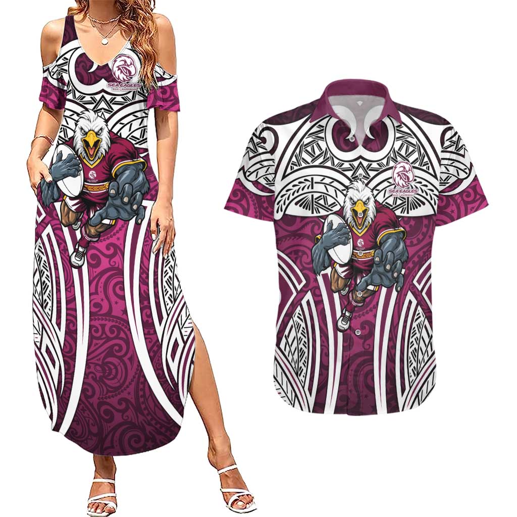 Manly Warringah Sea Eagles Rugby Couples Matching Summer Maxi Dress and Hawaiian Shirt Polynesian Tribal Eagle Warrior Maroon Pattern