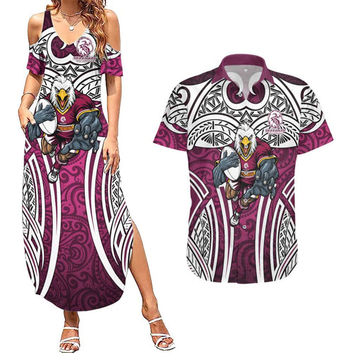Manly Warringah Sea Eagles Rugby Couples Matching Summer Maxi Dress and Hawaiian Shirt Polynesian Tribal Eagle Warrior Maroon Pattern