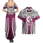 Manly Warringah Sea Eagles Rugby Couples Matching Summer Maxi Dress and Hawaiian Shirt Polynesian Tribal Eagle Warrior Maroon Pattern