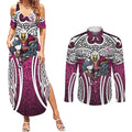 Manly Warringah Sea Eagles Rugby Couples Matching Summer Maxi Dress and Long Sleeve Button Shirt Polynesian Tribal Eagle Warrior Maroon Pattern