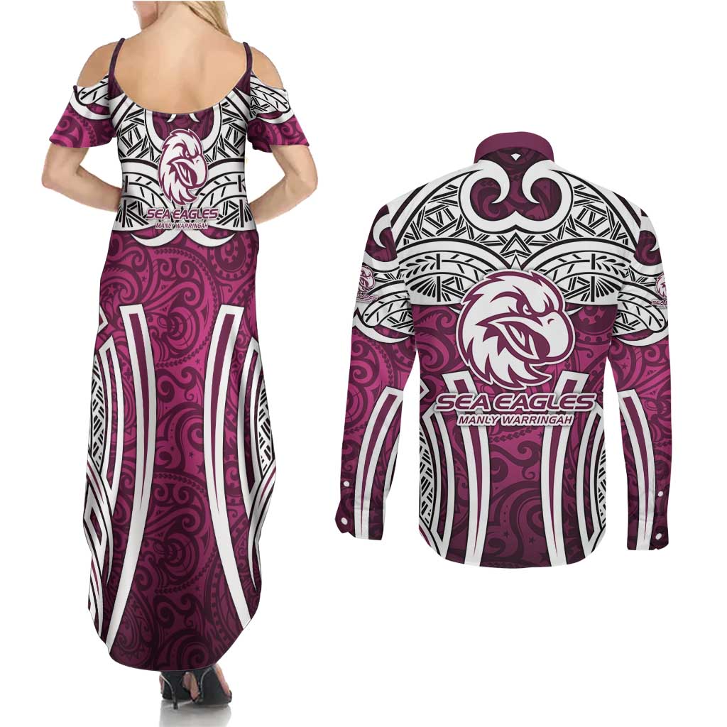 Manly Warringah Sea Eagles Rugby Couples Matching Summer Maxi Dress and Long Sleeve Button Shirt Polynesian Tribal Eagle Warrior Maroon Pattern