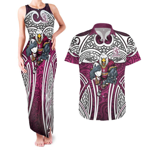 Manly Warringah Sea Eagles Rugby Couples Matching Tank Maxi Dress and Hawaiian Shirt Polynesian Tribal Eagle Warrior Maroon Pattern