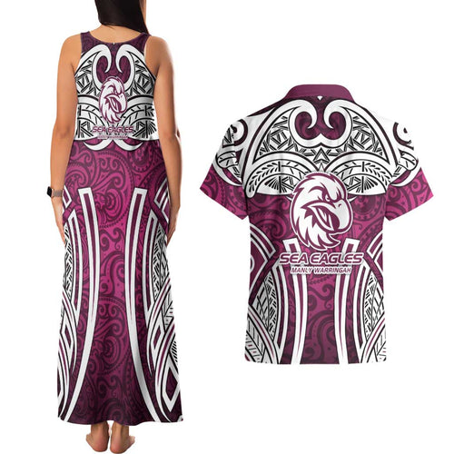 Manly Warringah Sea Eagles Rugby Couples Matching Tank Maxi Dress and Hawaiian Shirt Polynesian Tribal Eagle Warrior Maroon Pattern