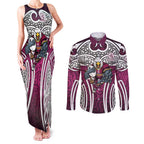 Manly Warringah Sea Eagles Rugby Couples Matching Tank Maxi Dress and Long Sleeve Button Shirt Polynesian Tribal Eagle Warrior Maroon Pattern
